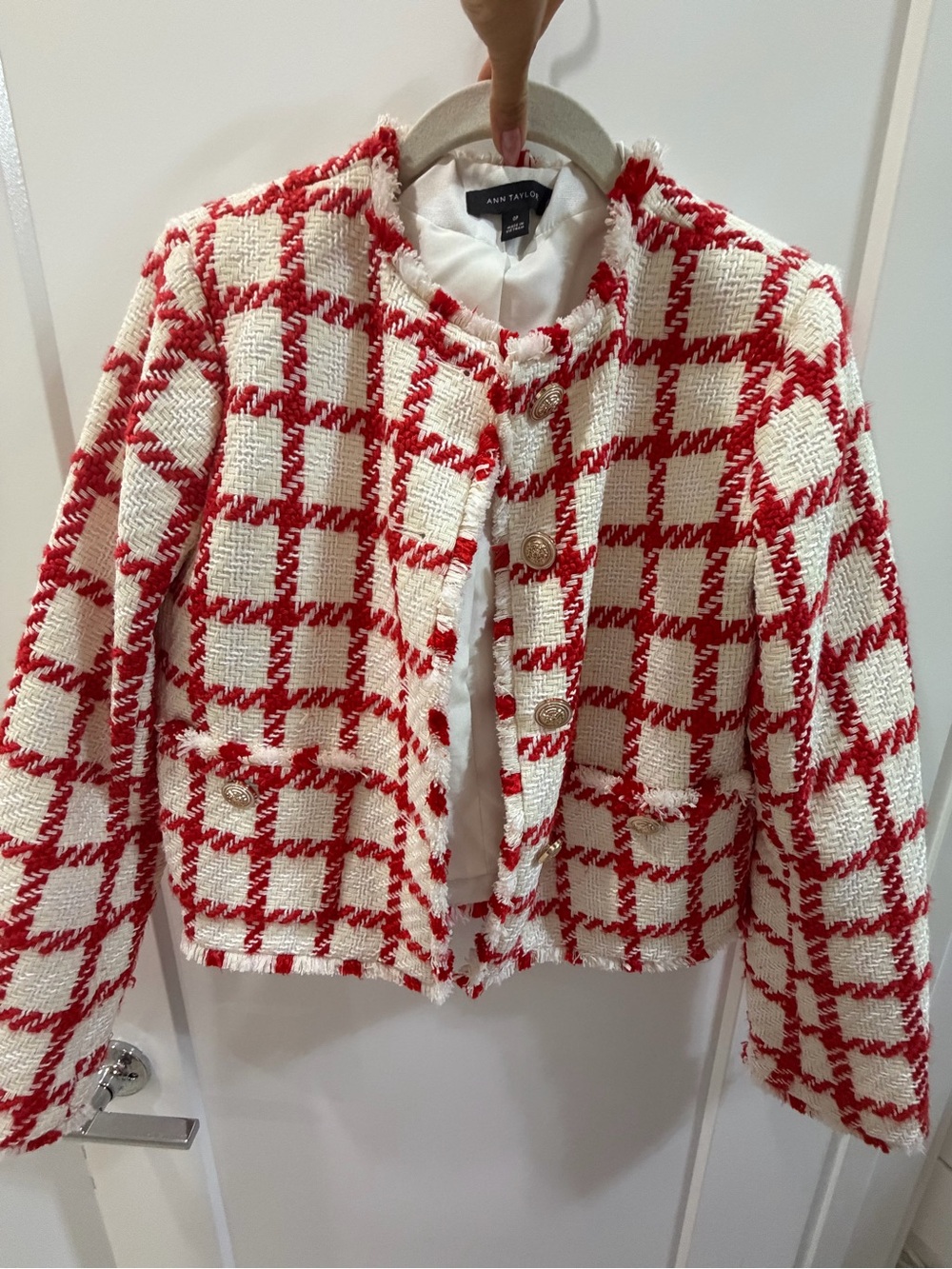 Ann Taylor Red and White Plaid Tweed Cropped Jacket